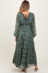 Green Floral Chiffon Lace Trim Back Tie Maternity Maxi Dress