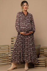 Brown Floral Chiffon Lace Trim Back Tie Maternity Maxi Dress