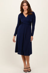 Navy Crossover V-Neckline Long Sleeve Maternity Nursing Dress