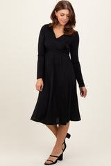 Black Crossover V-Neckline Long Sleeve Maternity Nursing Dress