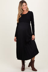 Black Knit Contrast Pleated Skirt Maternity Midi Dress