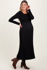 Black Knit Contrast Pleated Skirt Maternity Midi Dress