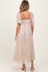 Cream Floral Chiffon Embroidered Ruffle Trim Maternity Maxi Dress