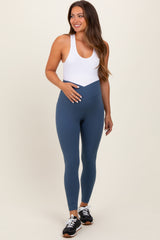 Blue Crossover Waistline Maternity Leggings