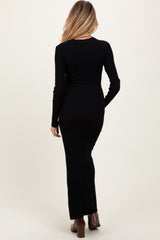 Black Ribbed Knit Long Sleeve Side Slit Maternity Maxi Dress