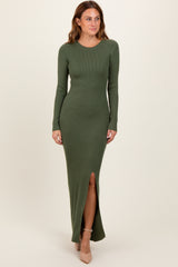 Olive Ribbed Knit Long Sleeve Side Slit Maxi Dress