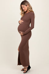 Mocha Ribbed Knit Long Sleeve Side Slit Maternity Maxi Dress