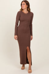 Mocha Ribbed Knit Long Sleeve Side Slit Maxi Dress