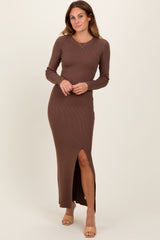 Mocha Ribbed Knit Long Sleeve Side Slit Maxi Dress