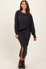 Charcoal Ribbed Knit Asymmetric Top Midi Skirt Set