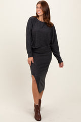 Charcoal Ribbed Knit Asymmetric Top Midi Skirt Set