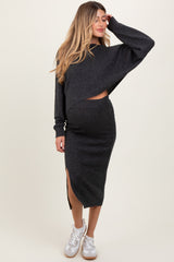 Charcoal Ribbed Knit Asymmetric Top Midi Skirt Maternity Set