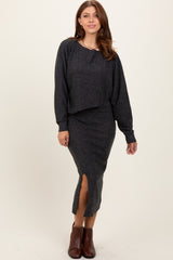 Charcoal Ribbed Knit Asymmetric Top Midi Skirt Maternity Set