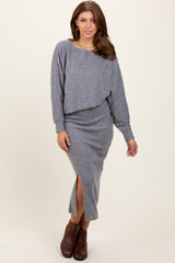 Heather Grey Ribbed Knit Asymmetric Top Midi Skirt Set