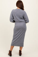 Heather Grey Ribbed Knit Asymmetric Top Midi Skirt Set