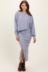 Light Grey Ribbed Knit Asymmetric Top Midi Skirt Maternity Set