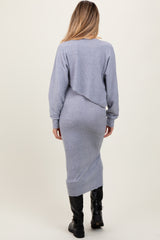 Light Grey Ribbed Knit Asymmetric Top Midi Skirt Maternity Set