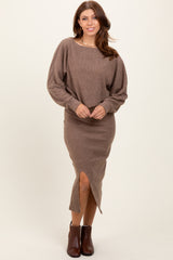 Mocha Ribbed Knit Asymmetric Top Midi Skirt Set