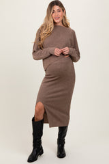 Mocha Ribbed Knit Asymmetric Top Midi Skirt Maternity Set