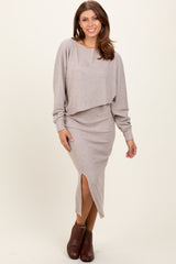 Beige Ribbed Knit Asymmetric Top Midi Skirt Set