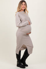 Beige Ribbed Knit Asymmetric Top Midi Skirt Maternity Set