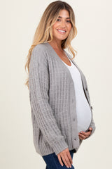 Heather Grey Waffle Knit Button Up Maternity Cardigan