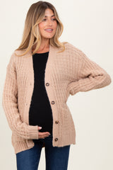 Beige Waffle Knit Button Up Maternity Cardigan