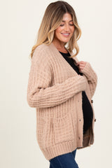 Beige Waffle Knit Button Up Maternity Cardigan