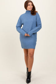 Blue Chunky Knit Turtleneck Mini Sweater Dress