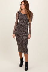 Black Leopard Print Mesh Long Sleeve Midi Dress