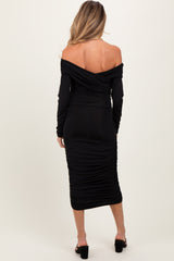 Black Off Shoulder Ruched Long Sleeve Maternity Midi Dress