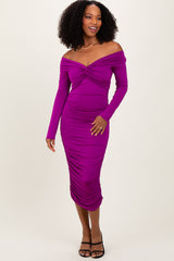 Purple Off Shoulder Ruched Long Sleeve Midi Dress