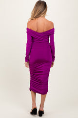 Purple Off Shoulder Ruched Long Sleeve Maternity Midi Dress