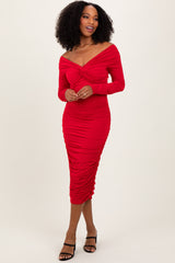 Red Off Shoulder Ruched Long Sleeve Maternity Midi Dress