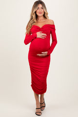 Red Off Shoulder Ruched Long Sleeve Maternity Midi Dress