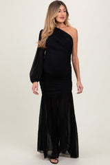 Black Ruched Mesh One Shoulder Asymmetric Maternity Maxi Dress