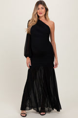 Black Ruched Mesh One Shoulder Asymmetric Maternity Maxi Dress