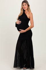 Black Ruched Mesh One Shoulder Asymmetric Maternity Maxi Dress