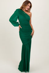 Forest Green Ruched Mesh One Shoulder Asymmetric Maternity Maxi Dress