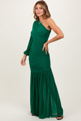 Forest Green Ruched Mesh One Shoulder Asymmetric Maxi Dress