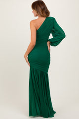 Forest Green Ruched Mesh One Shoulder Asymmetric Maxi Dress