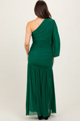 Forest Green Ruched Mesh One Shoulder Asymmetric Maternity Maxi Dress