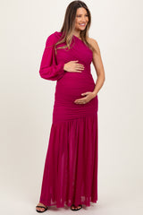 Magenta Ruched Mesh One Shoulder Asymmetric Maternity Maxi Dress