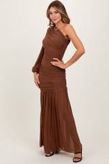 Mocha Ruched Mesh One Shoulder Asymmetric Maxi Dress