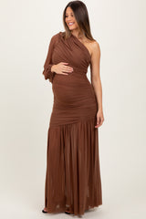 Mocha Ruched Mesh One Shoulder Asymmetric Maternity Maxi Dress