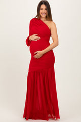 Red Ruched Mesh One Shoulder Asymmetric Maternity Maxi Dress