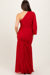 Red Ruched Mesh One Shoulder Asymmetric Maternity Maxi Dress