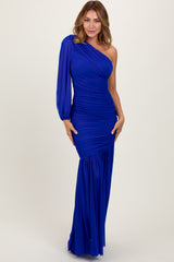 Royal Ruched Mesh One Shoulder Asymmetric Maxi Dress