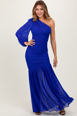 Royal Ruched Mesh One Shoulder Asymmetric Maxi Dress