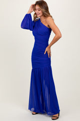 Royal Ruched Mesh One Shoulder Asymmetric Maxi Dress